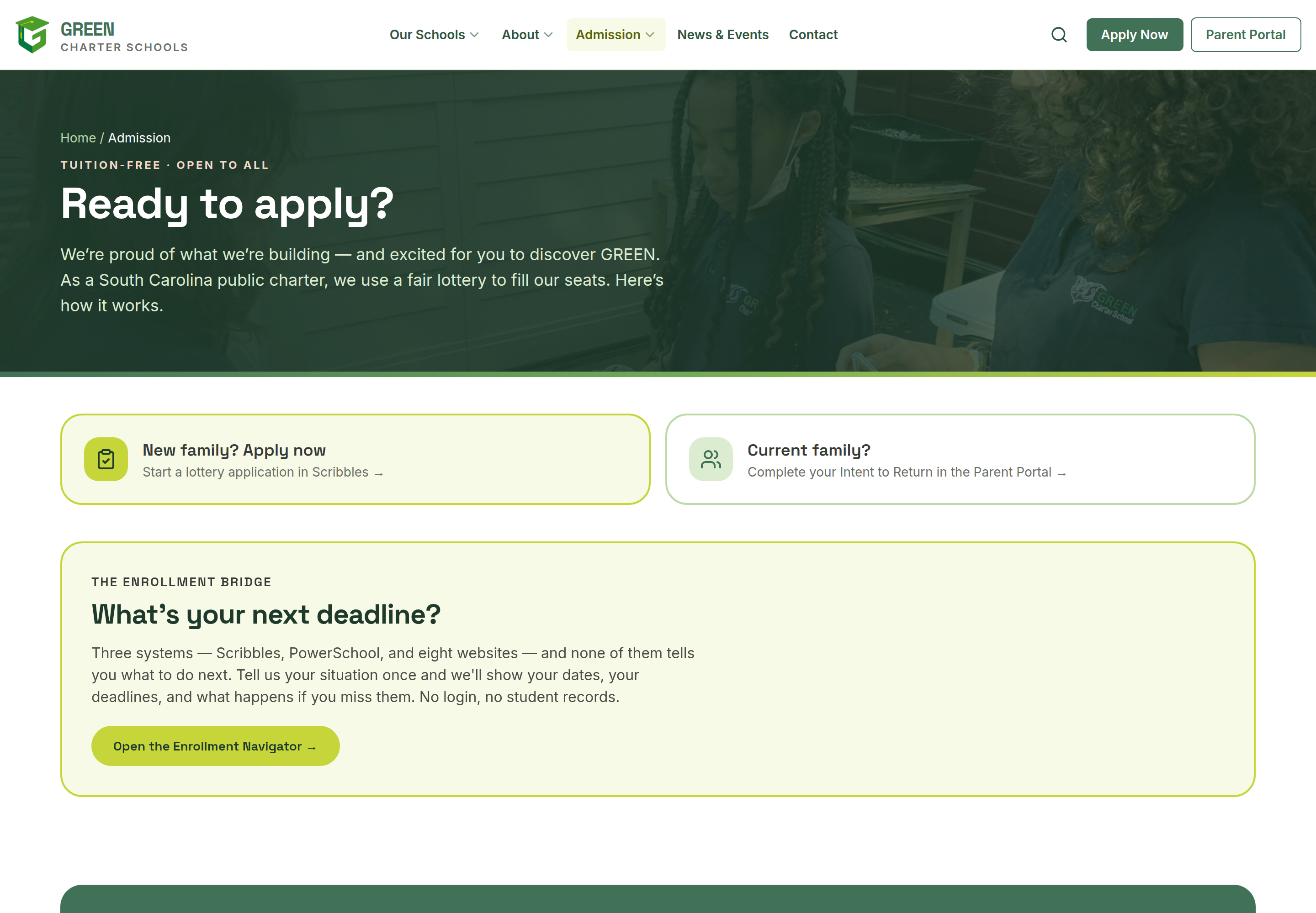 The Admission page explaining the tuition-free lottery process step by step.
