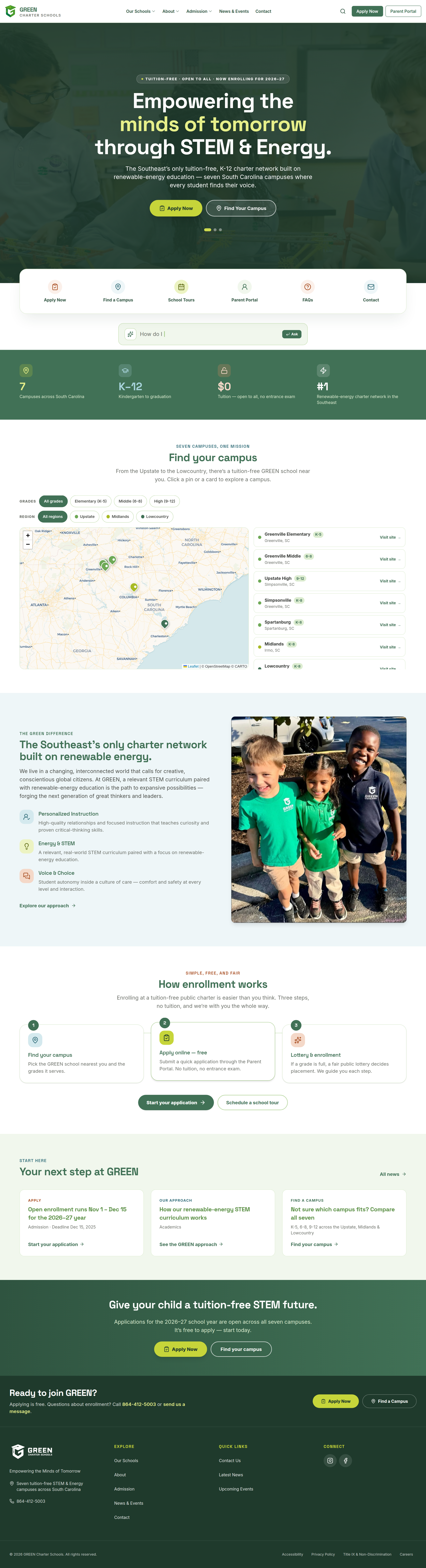 The full GREEN Charter Schools pilot homepage, scrolling from the 'Empowering the minds of tomorrow through STEM & Energy' hero down through quick links, the campus map, news and the enrollment call to action.