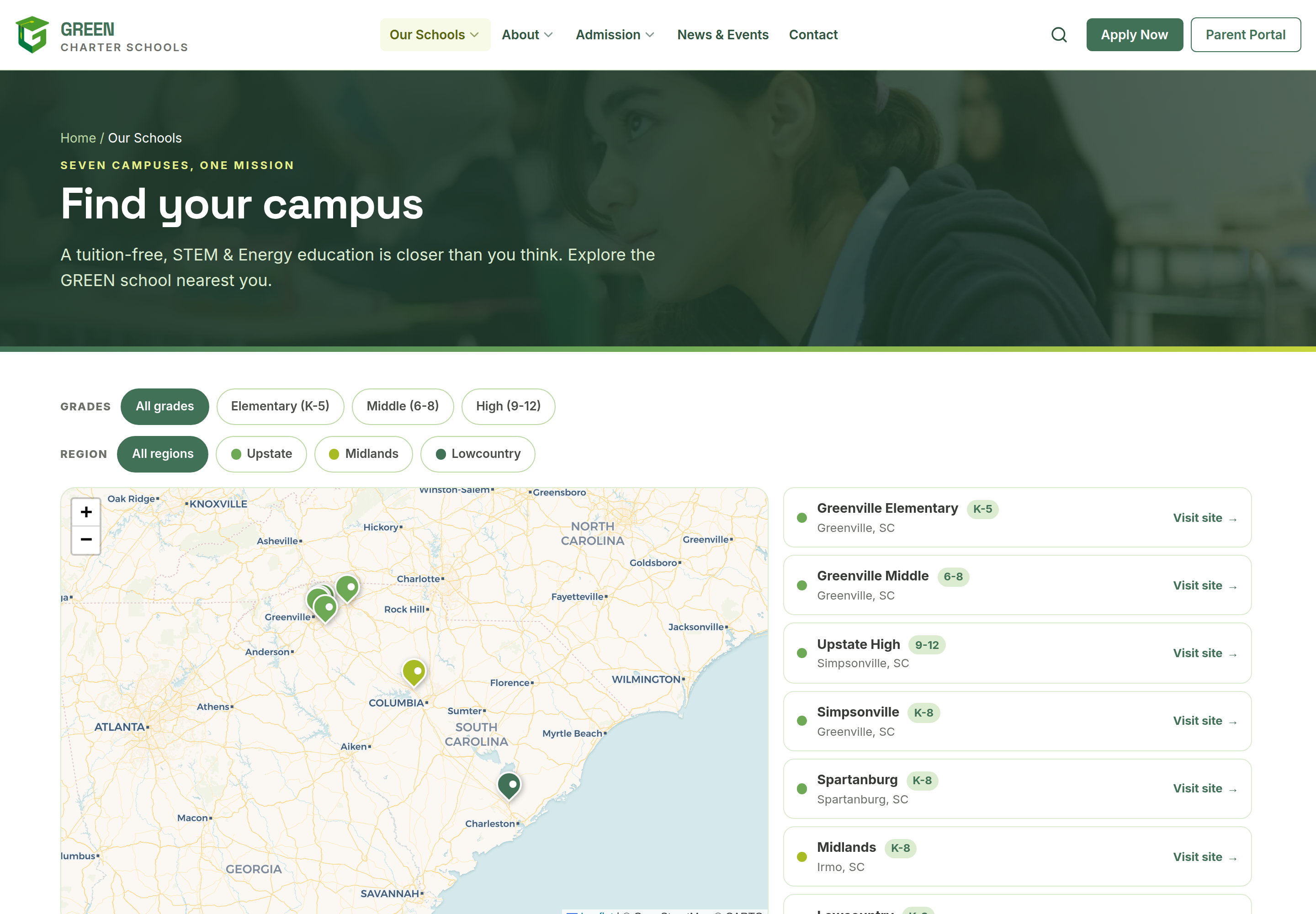The Find Your Campus page: a map of South Carolina with seven pins, plus grade and region filter chips and a list of campuses.